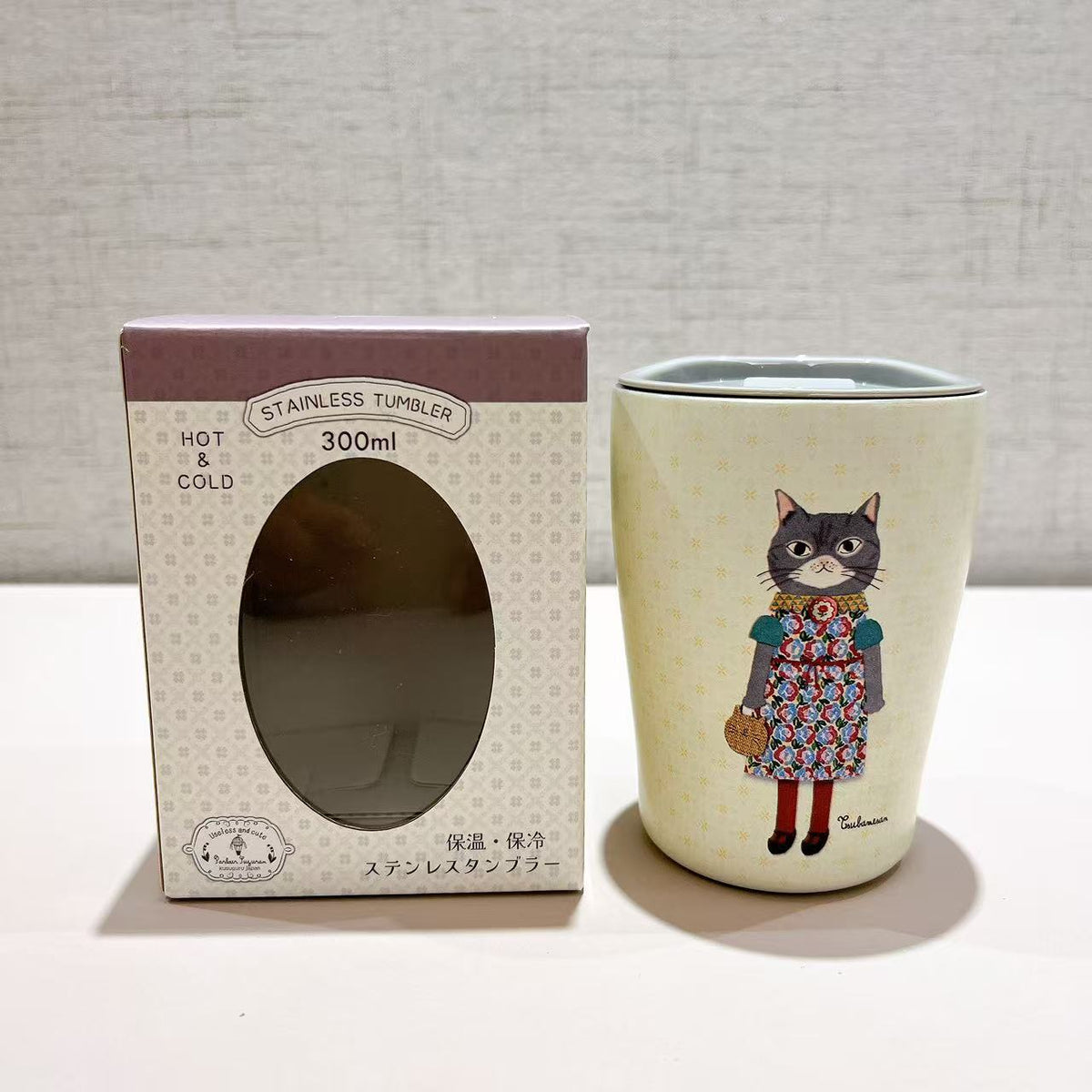 日本Kusuguru正品304不鏽鋼蓋式咖啡杯保溫保冷杯300 ml卡通貓405｜蜜豆米色8701-1／300