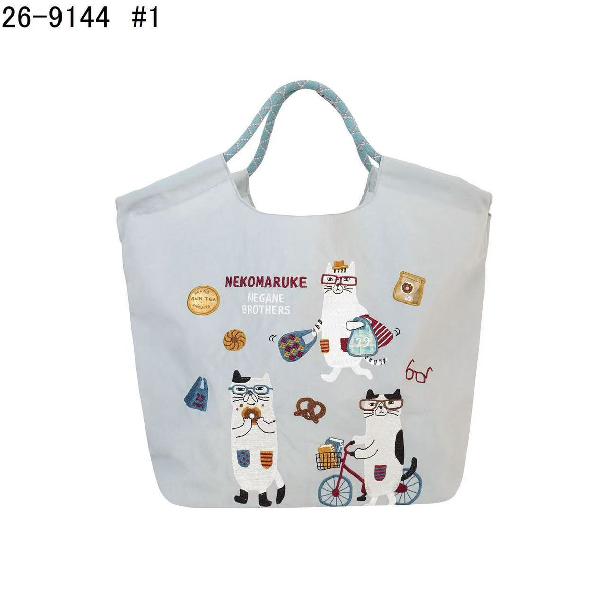 日本Kusuguru正品重工刺繡貓肩背包手提包手提包防塵防潑水507509｜眼鏡貓灰9144-1