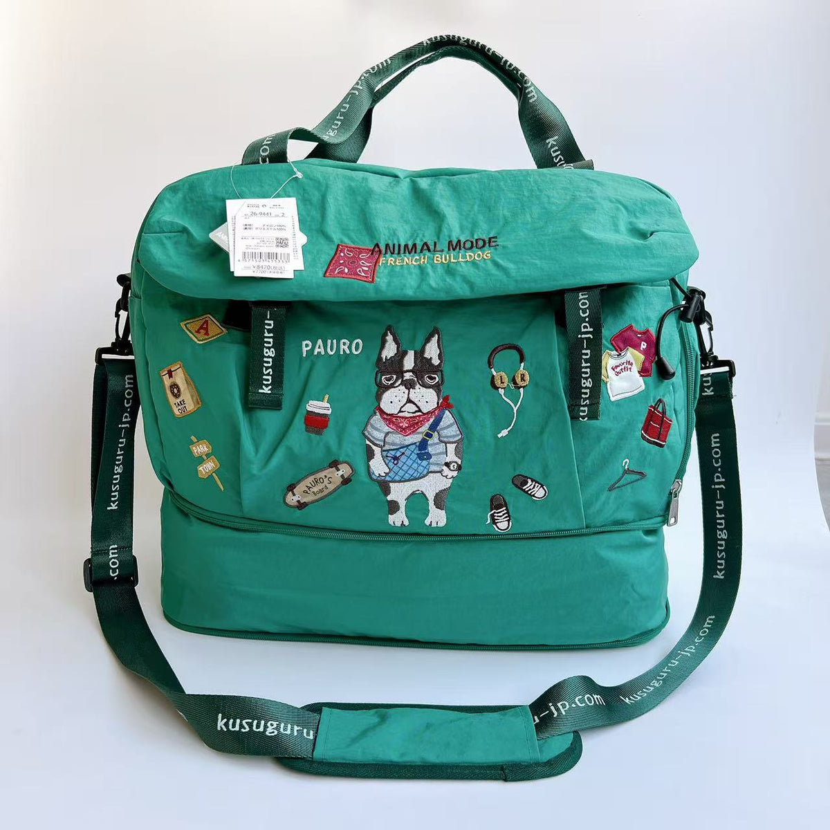 Kusuguru正品刺繡貓咪法鬥大容量可擴展手提斜背旅行行李箱掛包｜保羅草綠9441-2