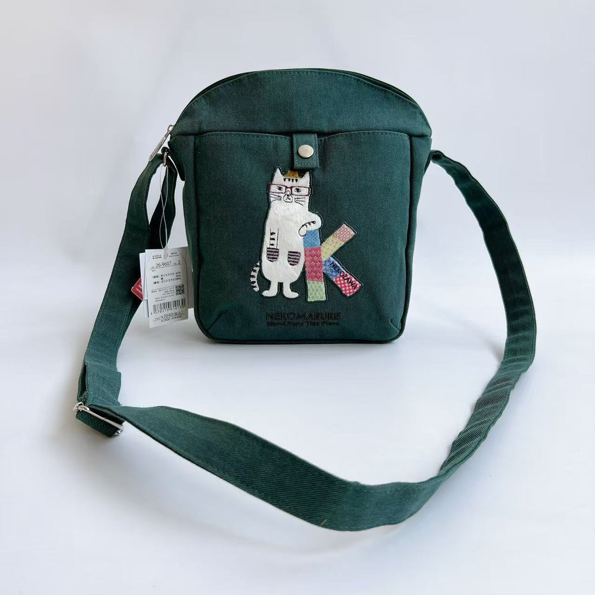 Kusuguru正品刺繡眼鏡貓斜背包肩背包手機包布藝包逛街通勤600｜眼鏡貓墨藍9607-2