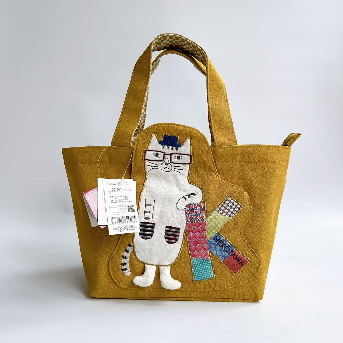Kusuguru正品刺繡眼鏡貓手提包手提包飯盒包布藝通勤包立體包600｜眼鏡貓芥黃9610-1