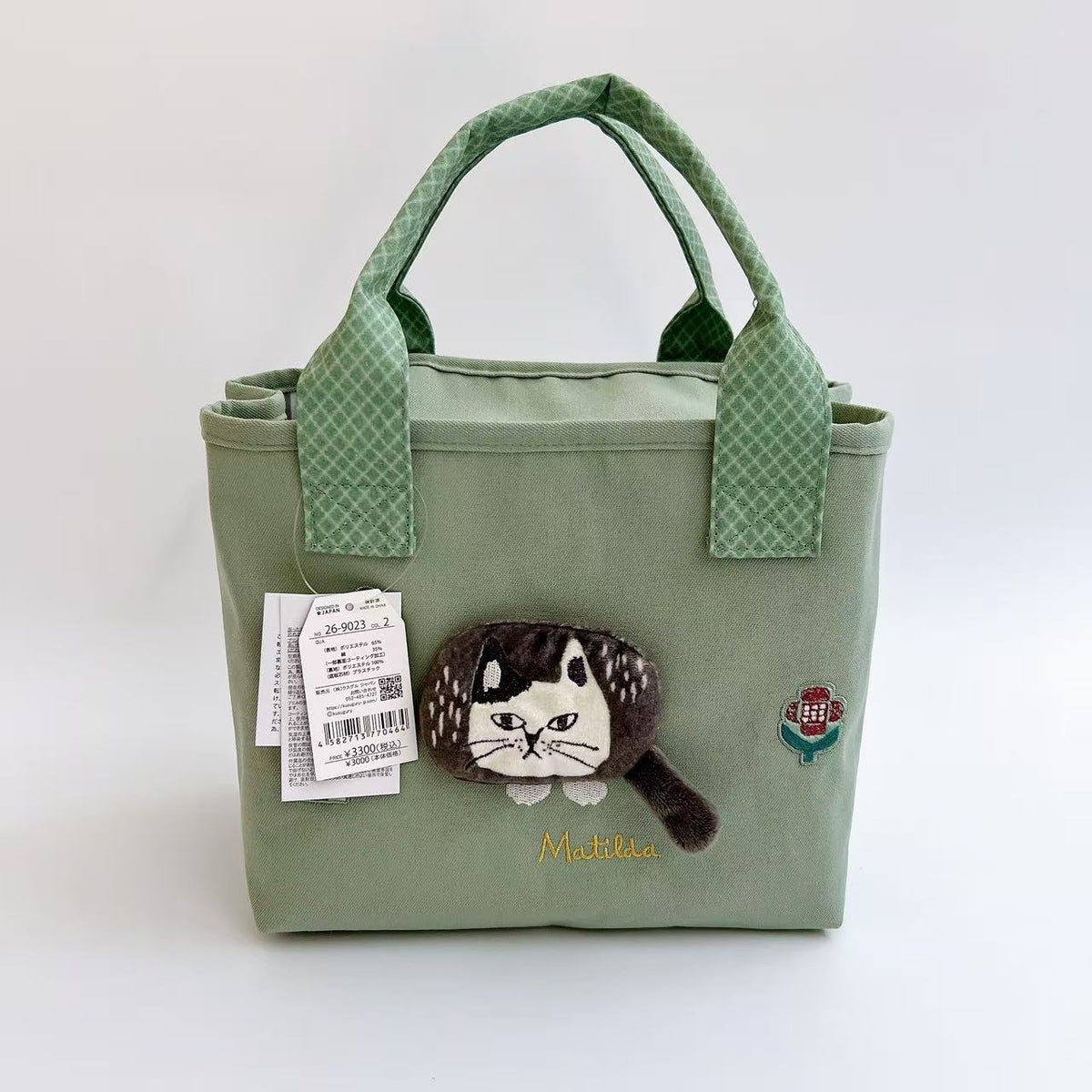 日本Kusuguru正品刺繡爬貓手提包托特包手提包隔層包帆布布藝501｜爬貓綠色9023-2