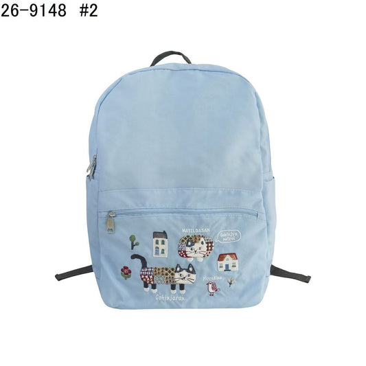 日本Kusuguru正品重工刺繡貓咪法鬥後背包尼龍防潑水折疊旅行509｜爬貓淡藍9148-2
