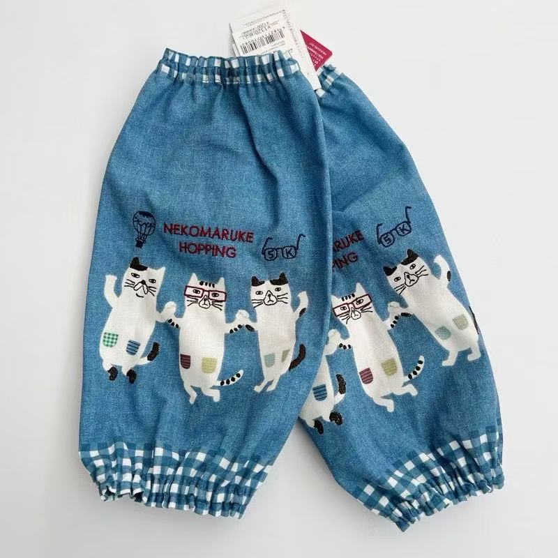 日本Kusuguru正品刺繡眼鏡貓咪袖套家務防油防污袖套布藝烘焙500｜眼鏡貓藍9004-2