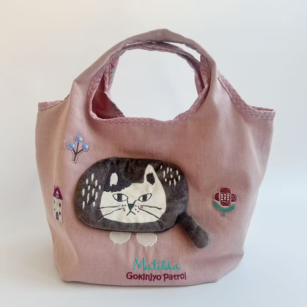 日本Kusuguru正品刺繡爬貓手提袋手提包帆布購物逛街購物通勤501｜爬貓粉色9024-1