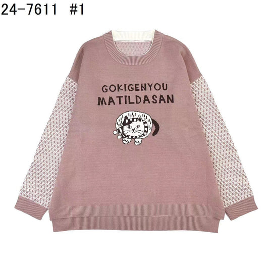 日本kusuguru貓咪印花提花毛衣女性圓領寬鬆休閒秋冬日系205｜米粉色7611-1