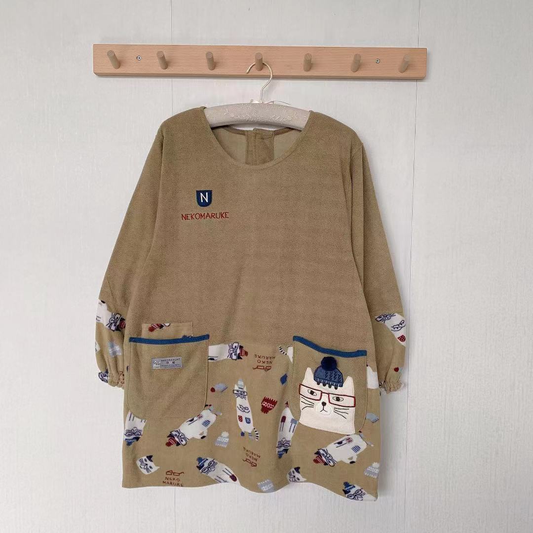 日本刷毛刺繡貓咪居家圍裙防污防油防汙罩衫反穿烘焙花藝保暖874｜米黃色3151