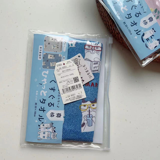 日本kusuguru貓咪數位印花冷感毛巾輕薄快乾方便攜帶汗巾冰涼巾128｜眼鏡貓藍色8001-2／30 × 100 cm