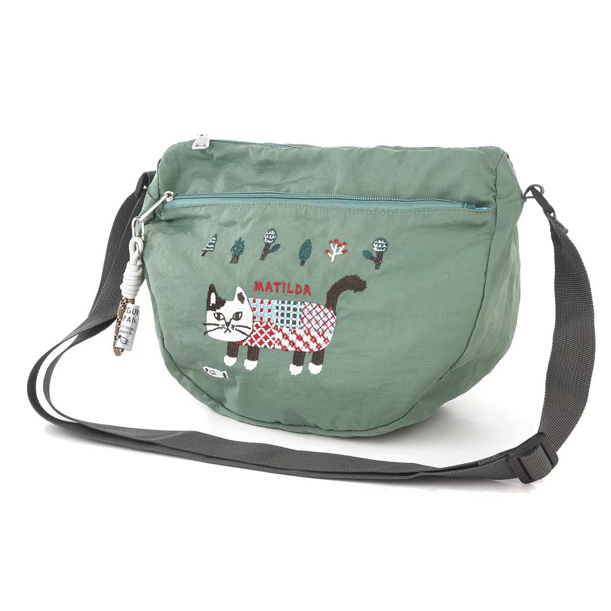 日本kusuguru重工刺繡貓咪肩背包斜背包月亮包腋下包通勤卡通219｜爬貓綠色7598-2