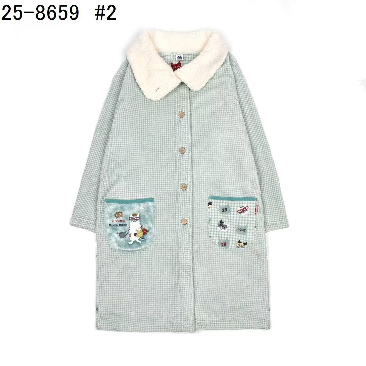 日本Kusuguru正品貓咪印花居家服法蘭絨睡衣睡袍保暖舒適浴袍419｜眼鏡貓淺綠8659-2／單一尺寸