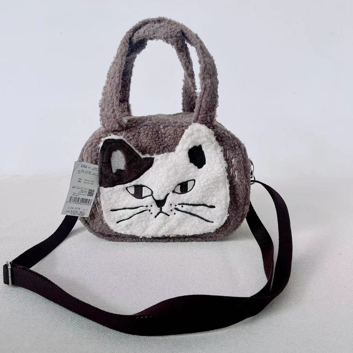 日本Kusuguru品牌貓咪刺繡羊羔毛斜背包手提包手提包單肩卡通875｜淺咖色3176-5