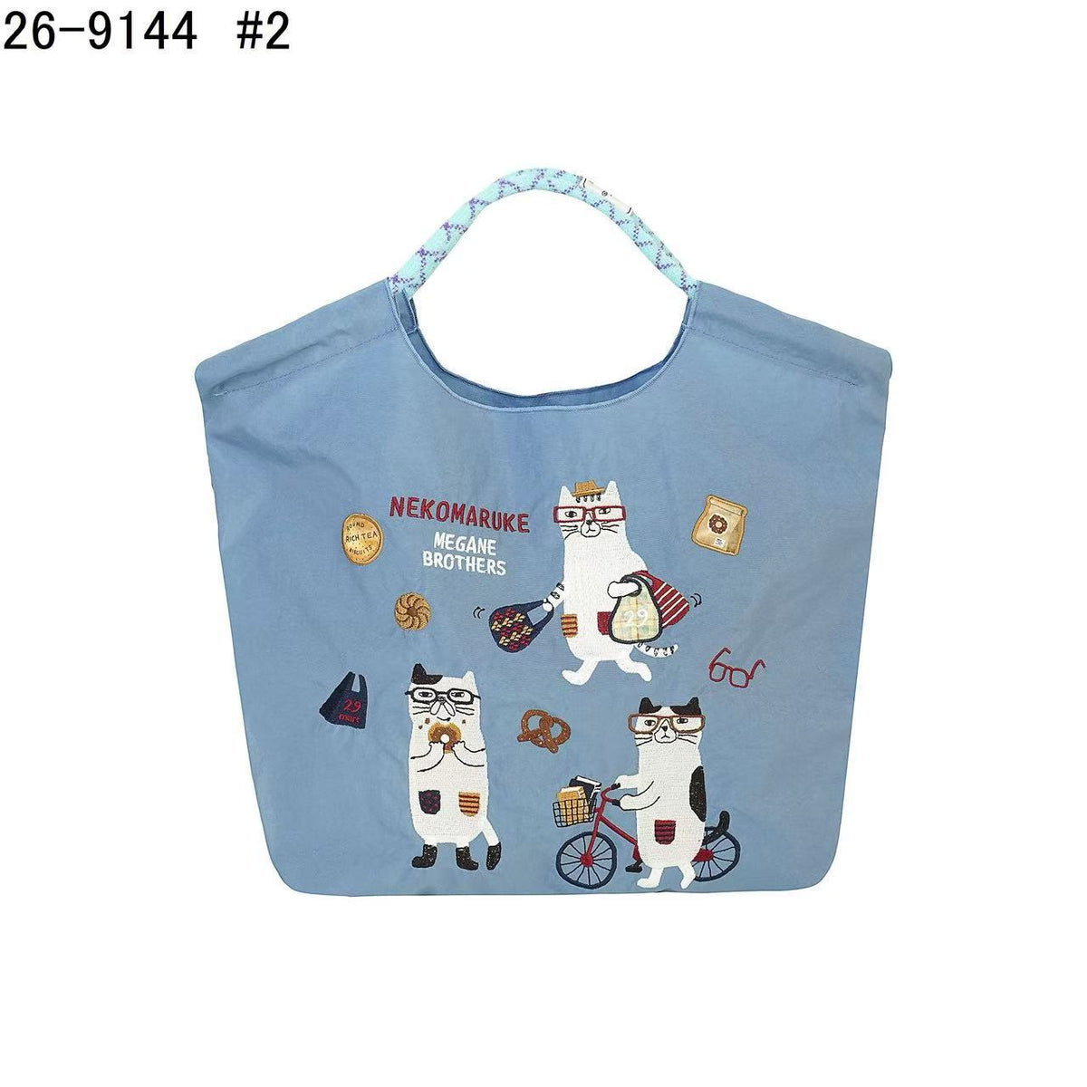 日本Kusuguru正品重工刺繡貓肩背包手提包手提包防塵防潑水507509｜眼鏡貓藍9144-2