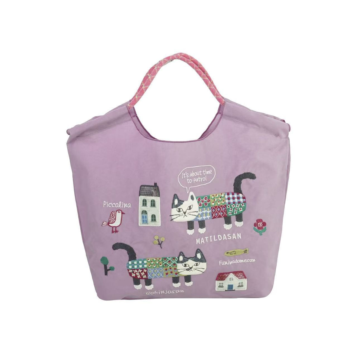 日本Kusuguru正品重工刺繡貓肩背包手提包手提包防塵防潑水507509｜爬貓粉紫9145-1