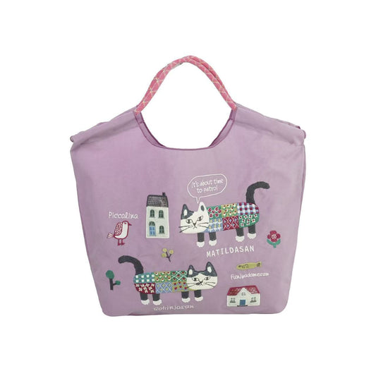 日本Kusuguru正品重工刺繡貓肩背包手提包手提包防塵防潑水507509｜爬貓粉紫9145-1