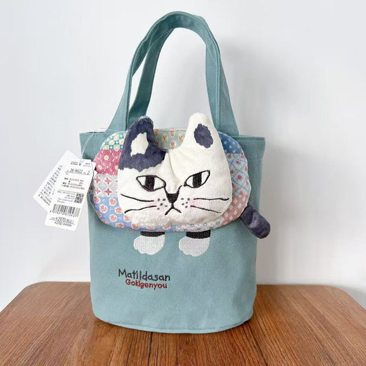 日本Kusuguru正品刺繡爬貓手提包手提包小型通勤包卡通布藝601｜爬貓湖藍色9622-2