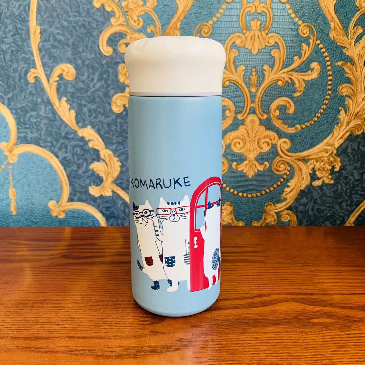 日本新款KUSUGURU保溫杯保冷杯搖搖暖手杯304不鏽鋼卡通320 ml｜眼鏡貓淺藍4035-2／320 ml