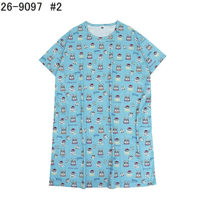 日本Kusuguru正品印花居家服睡裙套裝短袖短褲天竺棉卡通519｜露西保羅雀藍9097-2／單一尺寸