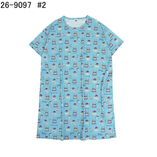 日本Kusuguru正品印花居家服睡裙套裝短袖短褲天竺棉卡通519｜露西保羅雀藍9097-2／單一尺寸