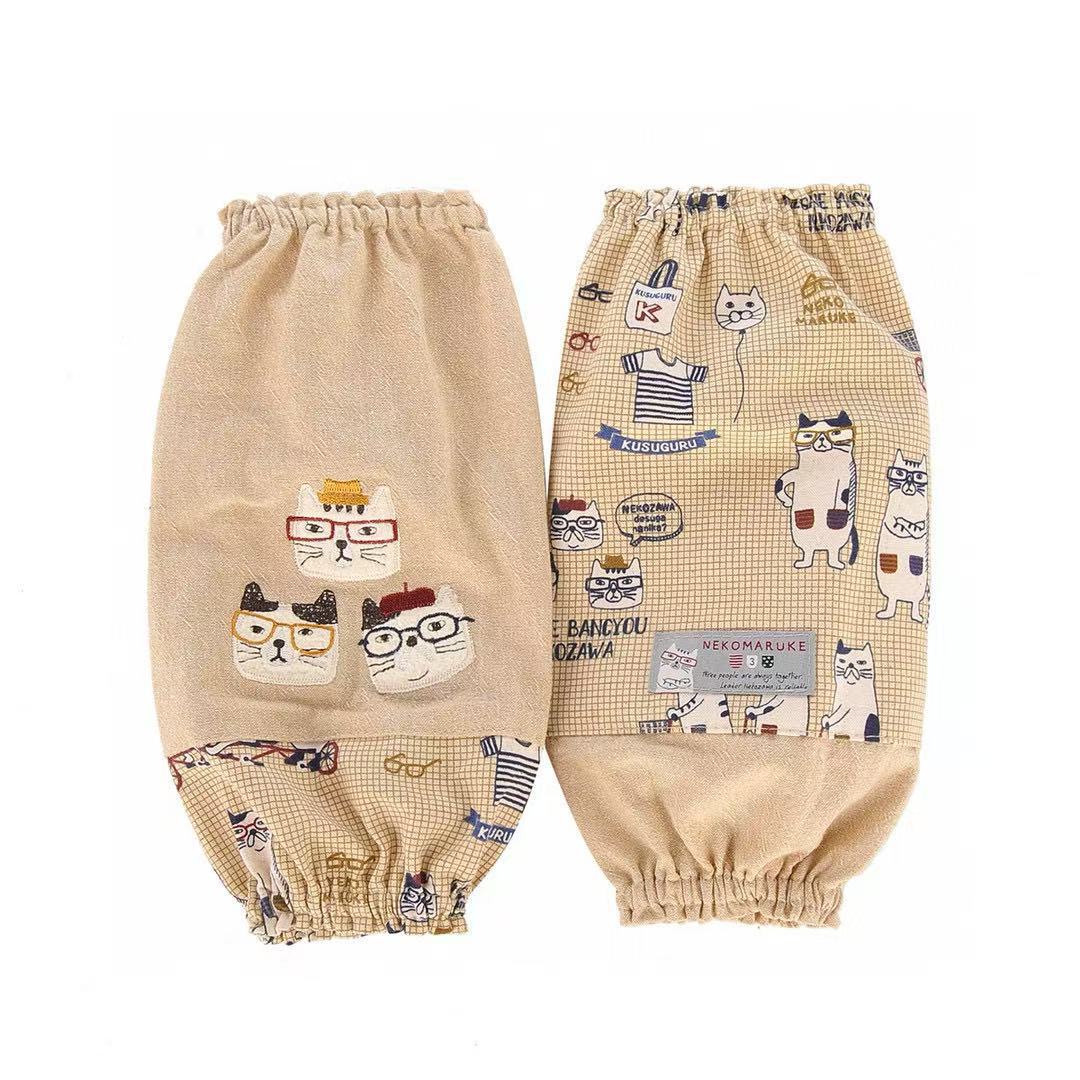 日本Kusuguru正品刺繡眼鏡貓袖套家務防油防污袖套花藝烘焙881｜眼鏡貓米黃5007-1