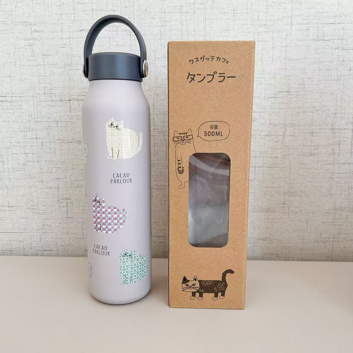 日本kusuguru貓咪圖案保溫杯隔熱方便攜帶304不鏽鋼直筒保冷卡通244｜斑點貓紫色7704-2／500 ml