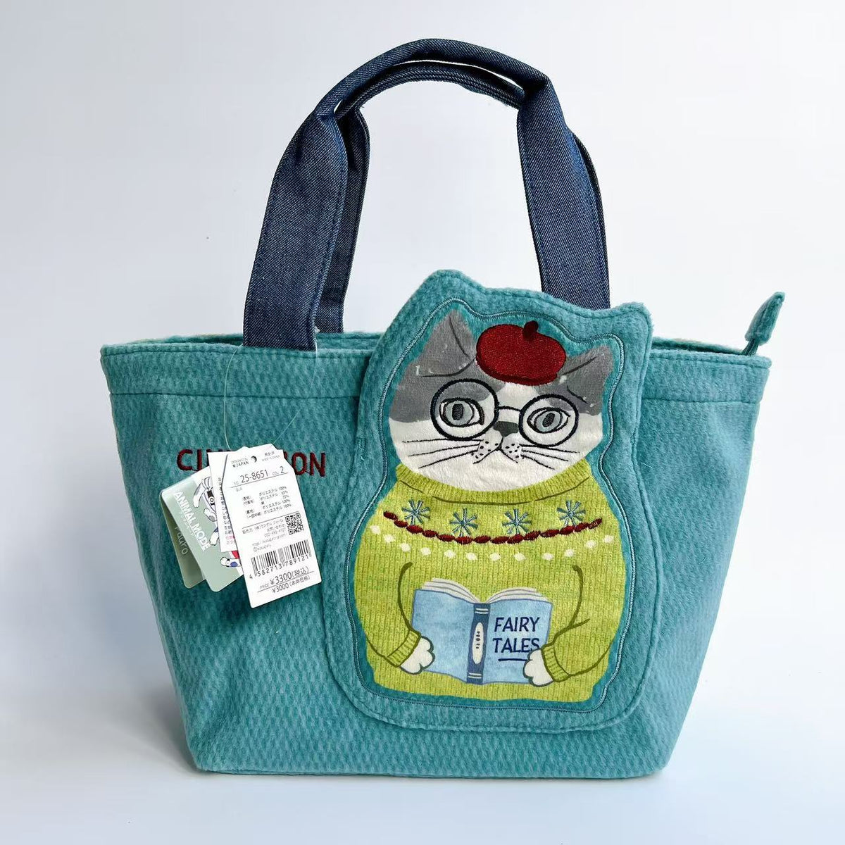 日本Kusuguru正品刺繡貓咪法鬥手提包手提包飯盒包刷毛通勤417｜露西貓咪藍8651-2