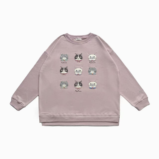 日本Kusuguru正品刺繡貓咪狗子大學T圓領休閒毛圈長袖寬鬆415432｜蜜豆粉色8635-2／單一尺寸