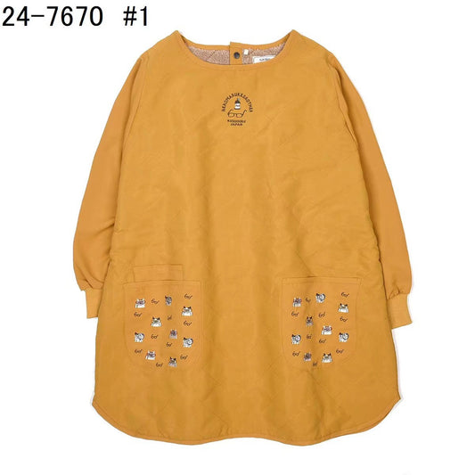 kusuguru重工刺繡貓咪長袖圍裙防油防污加厚絎縫反穿花藝烘焙206｜芥黃7670-1