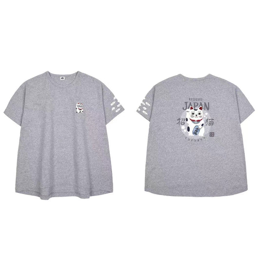 日本Kusuguru刺繡貓咪女性棉T圓領短袖衫純棉休閒棉衫百搭112｜招財貓麻灰7130-1／單一尺寸