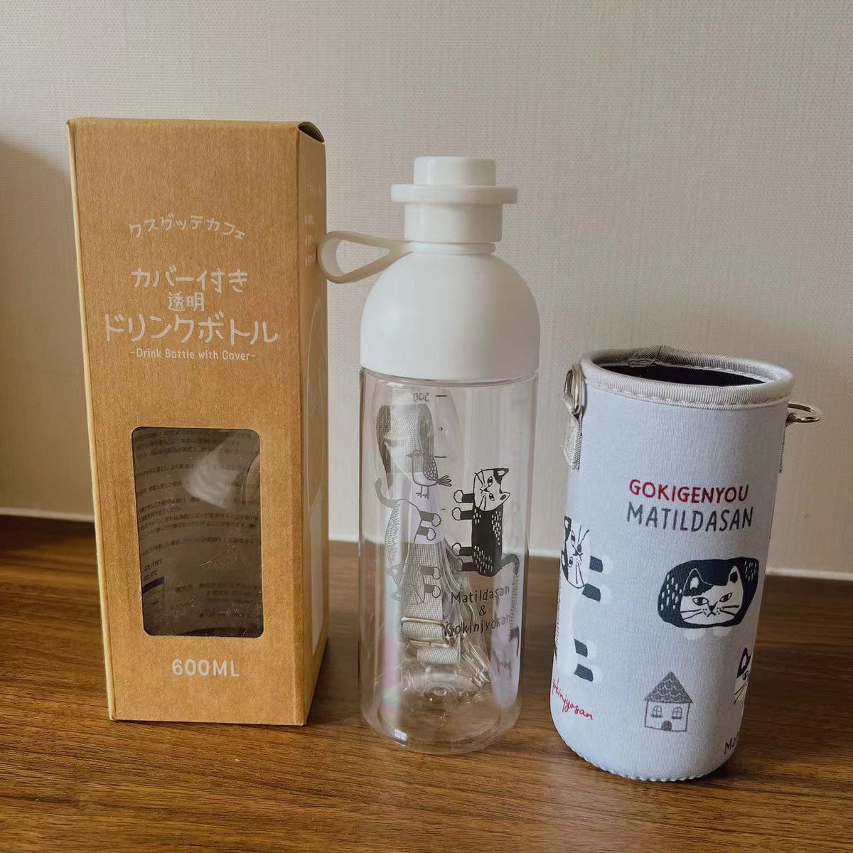日本kusuguru貓咪雙飲口運動塑膠杯斜背杯隨手杯方便攜帶水杯飲品126｜爬貓灰色7164-1／501-600 ml