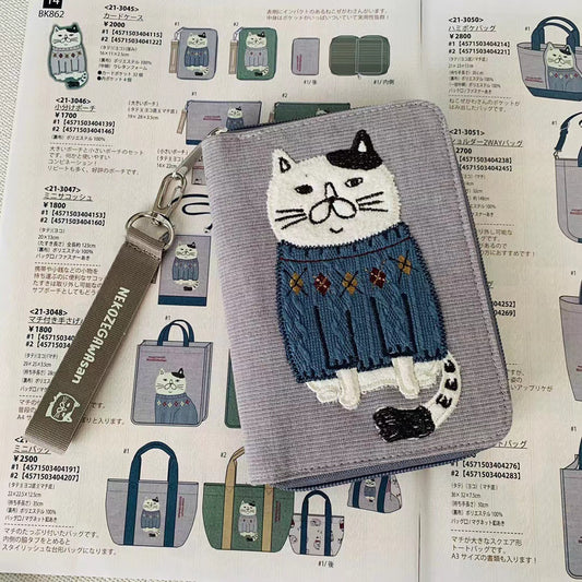 日本kusuguru刺繡胖貓手機包多層卡套卡套手拿包零錢包名片包862｜灰色3045-1（加工費上調）