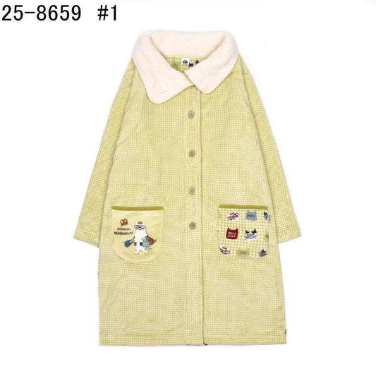 日本Kusuguru正品貓咪印花居家服法蘭絨睡衣睡袍保暖舒適浴袍419｜眼鏡貓米黃8659-1／單一尺寸