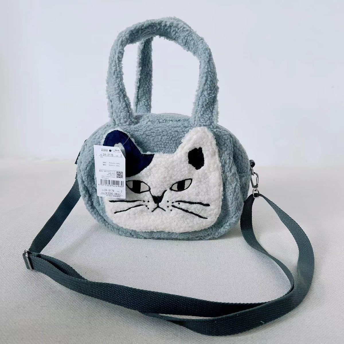 日本Kusuguru品牌貓咪刺繡羊羔毛斜背包手提包手提包單肩卡通875｜淺灰3176-2
