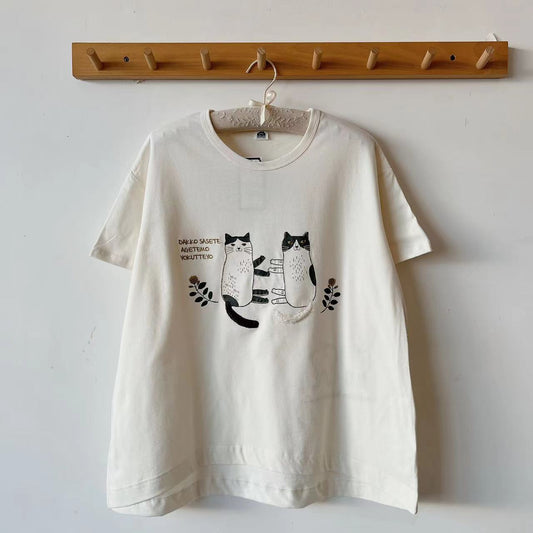 日本Kusuguru刺繡貓咪女性棉T圓領短袖衫純棉休閒棉衫百搭943｜白色6151-1／單一尺寸