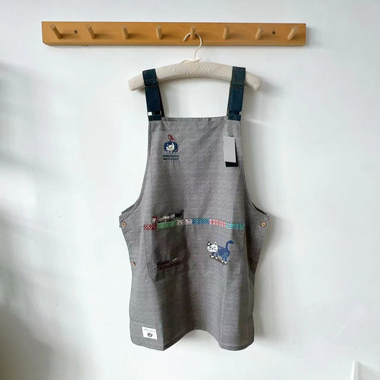日本kusuguru刺繡爬貓圍裙布藝居家家務防油防污反穿花藝烘焙201｜灰色7900-2
