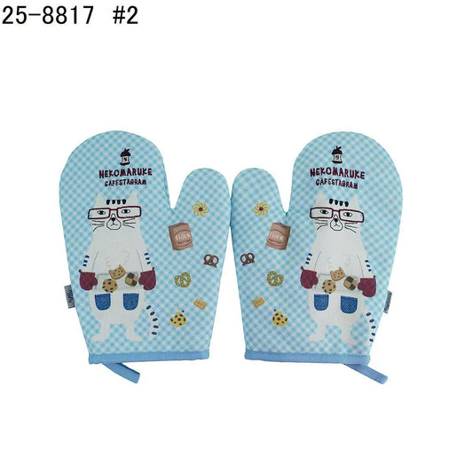日本Kusuguru正品貓咪狗子刺繡印花手套隔熱耐高溫防燙加厚微波爐｜眼鏡貓藍色8817-2