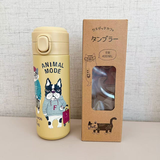 日本kusuguru貓咪圖案保溫杯隔熱方便攜帶304不鏽鋼直筒杯保冷244｜露西保羅黃色7702-1／400 ml