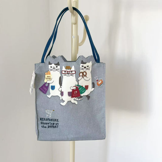 日本Kusuguru正品刺繡貓咪手提包手提包補習包逛街購物通勤400｜眼鏡貓灰8509-1