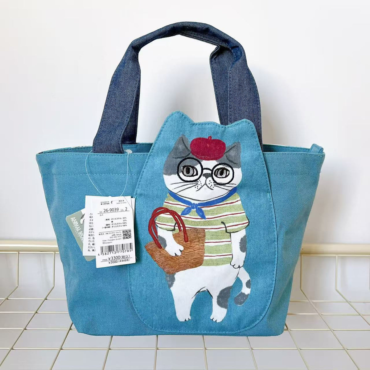 日本Kusuguru正品刺繡貓咪法鬥手提包手提包飯盒包購物通勤包502｜露西藍色9039-2