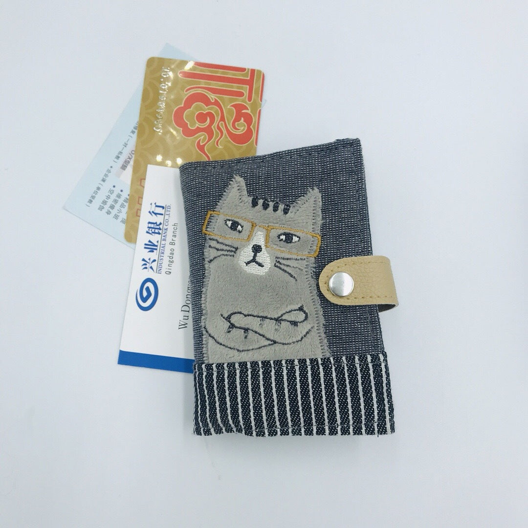 出口日本刺繡可愛卡通貓咪卡套卡套名片包多層卡套｜深灰色