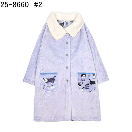 日本Kusuguru正品貓咪印花居家服法蘭絨睡衣睡袍保暖舒適浴袍419｜爬貓紫色8660-2／單一尺寸