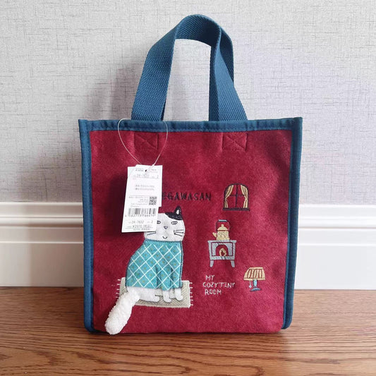 日本kusuguru品牌刺繡胖貓刷毛手提包手提包飯盒包補習包214｜紅色37622-2