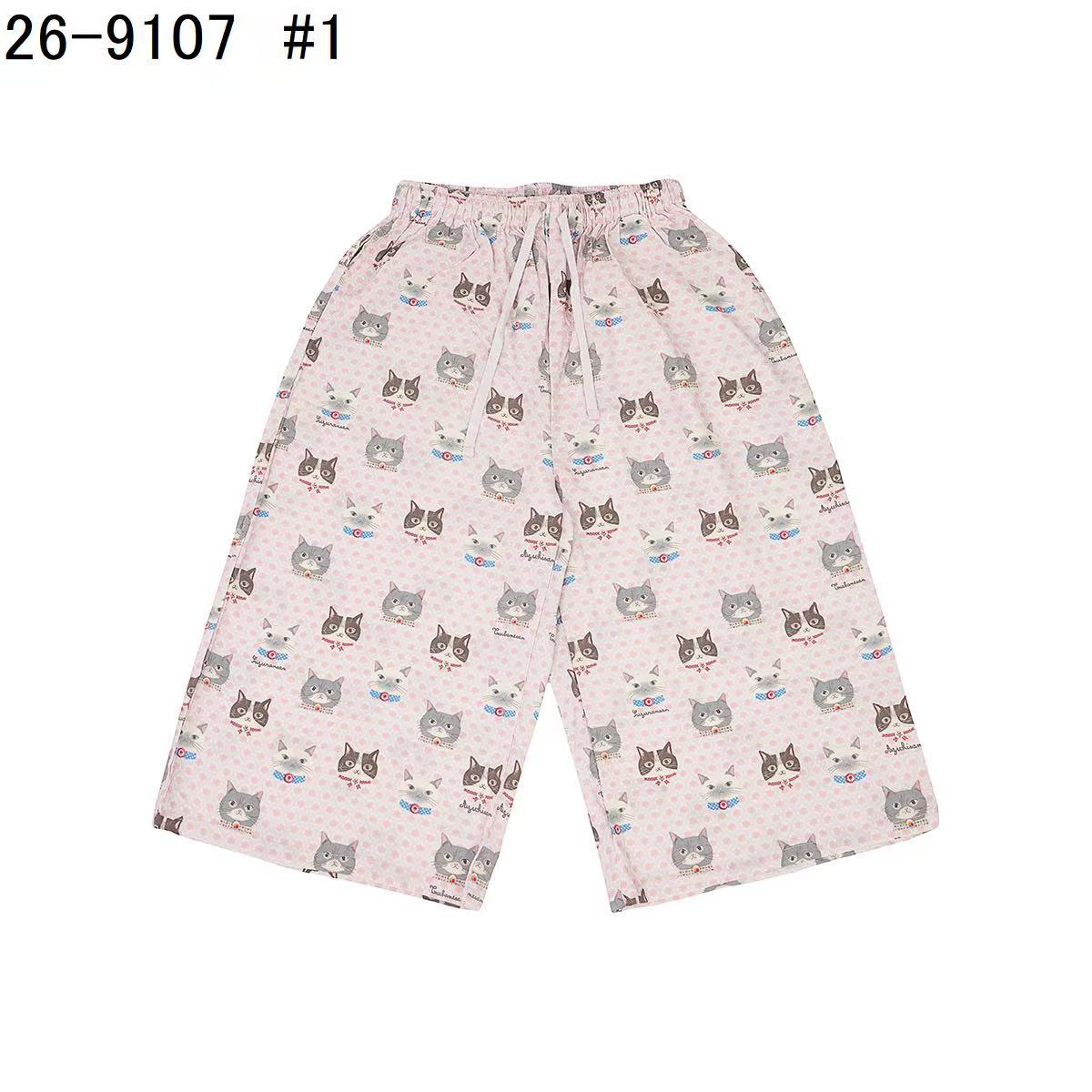 日本Kusuguru正品貓咪印花居家睡裙睡褲綿綢人造棉居家服舒適514｜短褲蜜豆貓頭粉9107-1／單一尺寸