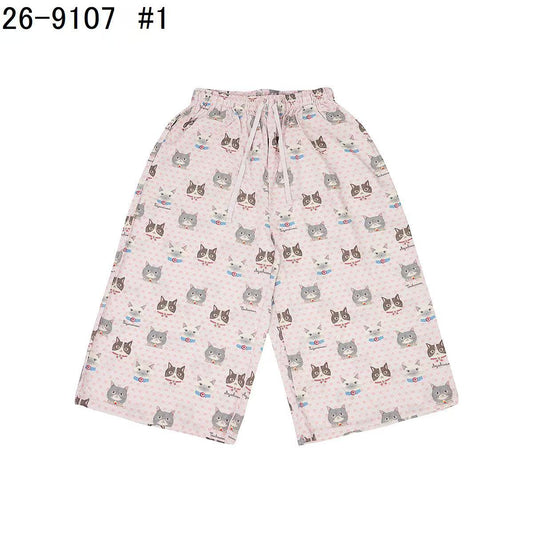 日本Kusuguru正品貓咪印花居家睡裙睡褲綿綢人造棉居家服舒適514｜短褲蜜豆貓頭粉9107-1／單一尺寸