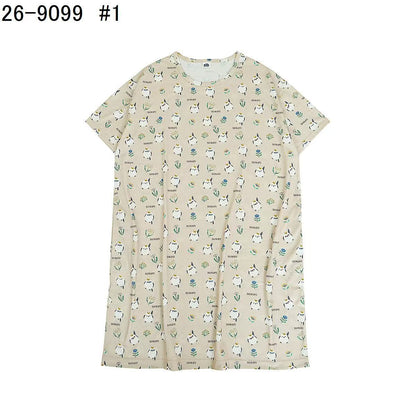 日本Kusuguru正品印花居家服睡裙套裝短袖短褲天竺棉卡通519｜小雞米色9099-1／單一尺寸