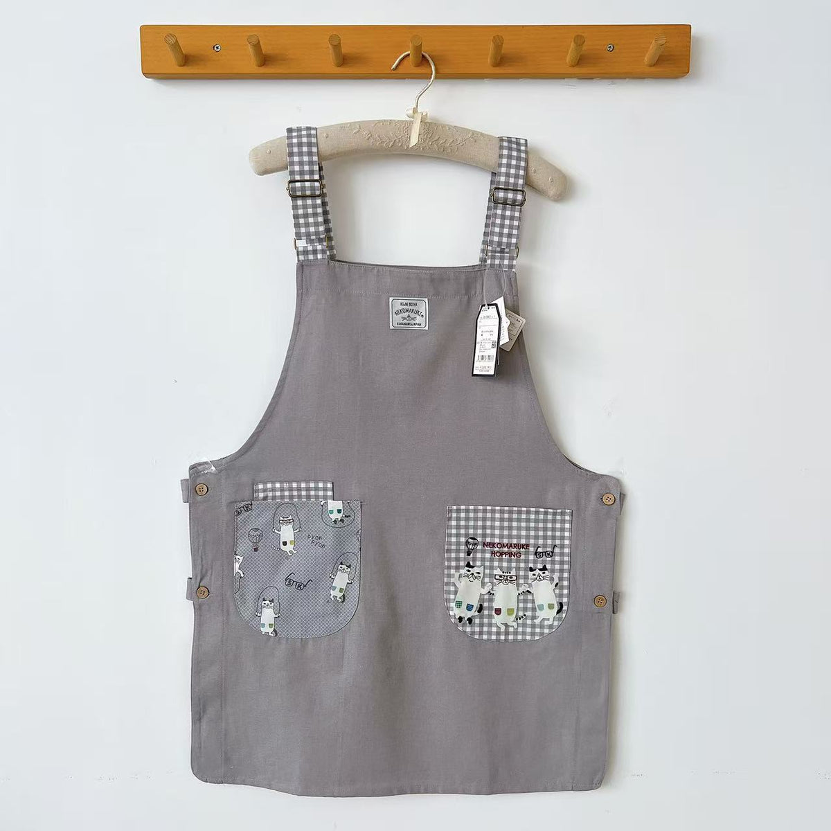 日本Kusuguru正品刺繡貓咪圍裙家務防油防污布藝花藝烘焙卡通500｜眼鏡貓灰9002-1