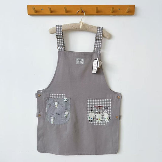 日本Kusuguru正品刺繡貓咪圍裙家務防油防污布藝花藝烘焙卡通500｜眼鏡貓灰9002-1