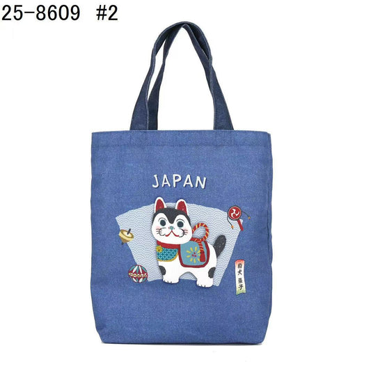 日本Kusuguru正品數位印花肩背包手提包手提包通勤包補習帆布433｜狛犬藍色8609-2