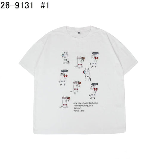 日本Kusuguru正品刺繡貓咪純棉T恤圓領短袖休閒女性純棉卡通52725｜眼鏡貓白9131-1／單一尺寸
