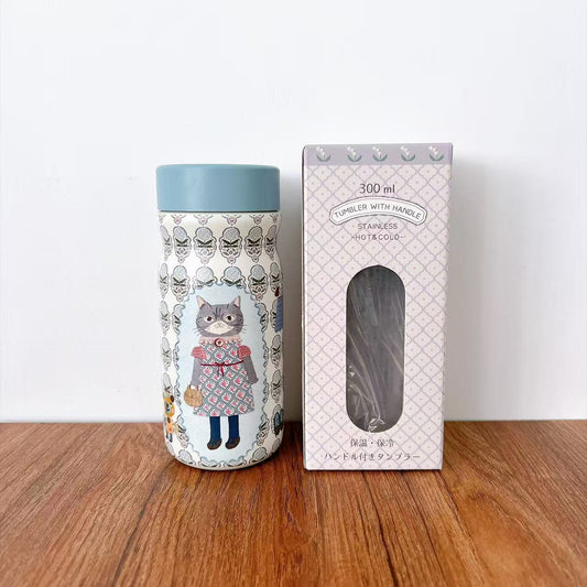 日本Kusuguru正品貓咪法鬥300 ml保溫杯保冷杯316不鏽鋼方便攜帶卡通63｜蜜豆藍色9484-1／300 ml