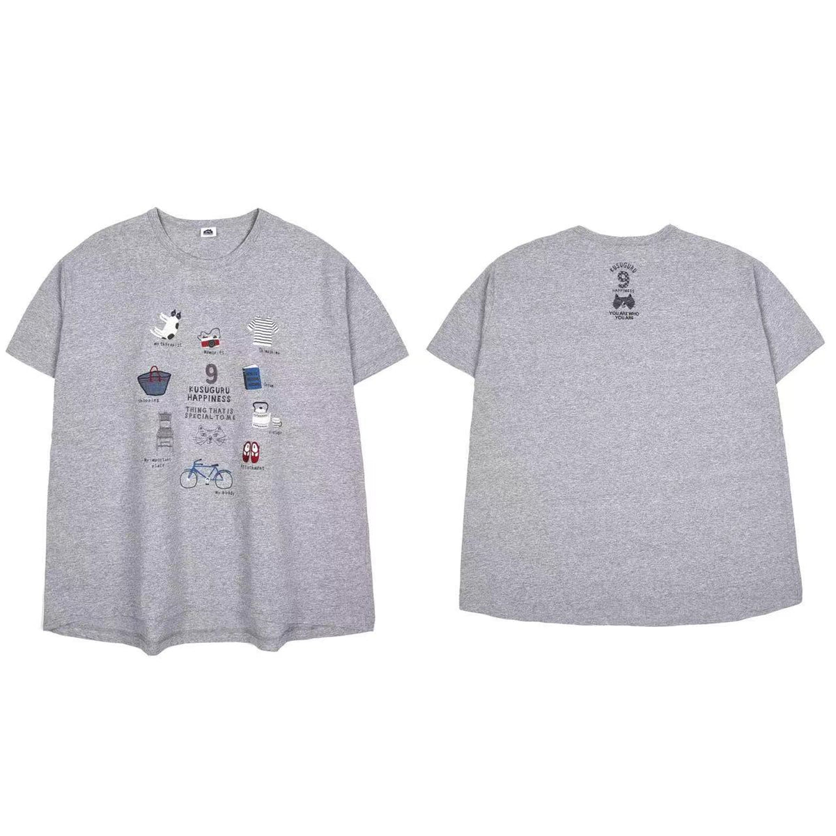 日本Kusuguru刺繡貓咪女性棉T圓領短袖衫純棉休閒棉衫百搭112｜購物貓麻灰7133-3／單一尺寸